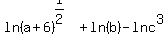 ln%28a%2B6%29%5E%281%2F2%29+%2B+ln%28b%29+-+ln+c%5E3