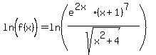 ln%28f%28x%29%5E%22%22%29=ln%28%28e%5E%282x%29%28x%2B1%29%5E7%29%2Fsqrt%28x%5E2%2B4%29%29