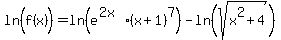 ln%28f%28x%29%5E%22%22%29=ln%28e%5E%282x%29%28x%2B1%29%5E7%29-ln%28sqrt%28x%5E2%2B4%29%29