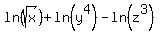 ln%28sqrt%28x%29%29%2Bln%28y%5E4%29-ln%28z%5E3%29