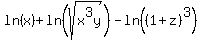 ln%28x%29%2Bln%28sqrt%28x%5E3y%29%29-ln%28%281%2Bz%29%5E3%29