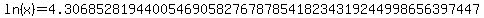 ln%28x%29=4.3068528194400546905827678785418234319244998656397447