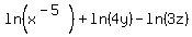 ln%28x%5E%28-5%29%29%2Bln%284y%29-ln%283z%29
