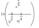 ln%28x%5E%282%2F5%29+%2F+%28y%5E%283%2F2%29%2Az%5E%281%2F4%29%29%29
