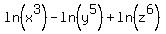 ln%28x%5E3%29+-+ln%28y%5E5%29+%2B+ln%28z%5E6%29