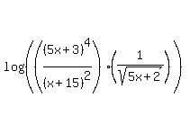 log%28%28%28%285x%2B3%29%5E4%2F%28x%2B15%29%5E2%29%2A%281%2Fsqrt%285x%2B2%29%29%29%29