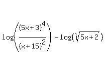 log%28%28%285x%2B3%29%5E4%2F%28x%2B15%29%5E2%29%29-log%28%28sqrt%285x%2B2%29%29%29