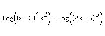 log%28%28%28x-3%29%5E4x%5E2%29%29-log%28%28%282x%2B5%29%5E5%29%29