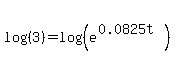 log%28%283%29%29+=+log%28%28e%5E%280.0825t%29%29%29