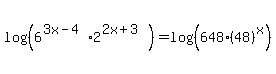 log%28%286%5E%283x-4%29%2A2%5E%282x%2B3%29%29%29=log%28%28648%2848%29%5Ex%29%29