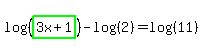 log%28%28highlight_green%283x%2B1%29%29%29-log%28%282%29%29=log%28%2811%29%29