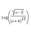 log%28%28sqrt%28x-3%29%2F%28x%2B4%29%5E15%29%29