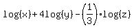 log%28%28x%29%29%2B4log%28%28y%29%29-%281%2F3%29log%28%28z%29%29
