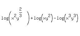 log%28%28x%5E2y%5E%282%2F3%29%29%29+%2B+log%28%28xy%5E2%29%29+-+log%28%28x%5E3y%5E3%29%29
