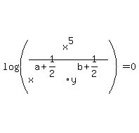 log%28%28x%5E5%2Fx%5E%28a%2B1%2F2%29y%5E%28b%2B1%2F2%29%29%29=0