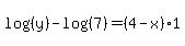 log%28%28y%29%29-log%28%287%29%29=%284-x%29%2A1