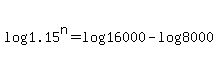 log%281.15%5En%29+=+log%2816000%29-log%288000%29