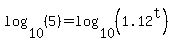 log%2810%2C%285%29%29=log%2810%2C%281.12%5Et%29%29