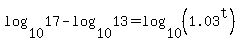 log%2810%2C17%29-log%2810%2C13%29=log%2810%2C%281.03%5Et%29%29