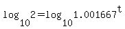 log%2810%2C2%29=log%2810%2C1.001667%5Et%29