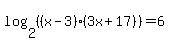 log%282%2C+%28%28x-3%29%2A%283x%2B17%29%29%29+=+6