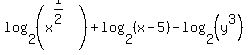 log%282%2C+%28x%5E%281%2F2%29%29%29+%2B+log%282%2C+%28x-5%29%29+-+log%282%2C+%28y%5E3%29%29