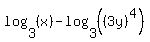 log%283%2C%28x%29%29-log%283%2C%28%283y%29%5E4%29%29