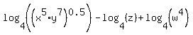 log%284%2C%28%28x%5E5%2Ay%5E7%29%5E0.5%29%29-log%284%2C%28z%29%29%2Blog%284%2C%28w%5E4%29%29