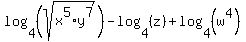 log%284%2C%28sqrt%28x%5E5%2Ay%5E7%29%29%29-log%284%2C%28z%29%29%2Blog%284%2C%28w%5E4%29%29