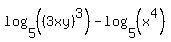 log%285%2C%28%283xy%29%5E3%29%29-log%285%2C%28x%5E4%29%29