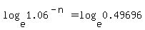 log%28e%2C1.06%5E%28-n%29%29=log%28e%2C0.49696%29