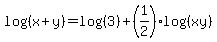 log+%28%28x+%2B+y%29%29+=+log+%28%283%29%29+%2B+%281%2F2%29log+%28%28xy%29%29