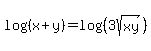 log+%28%28x+%2B+y%29%29+=+log+%28%283sqrt%28xy%29%29%29