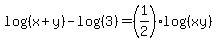 log+%28%28x+%2B+y%29%29+-+log+%28%283%29%29+=+%281%2F2%29+log+%28%28xy%29%29