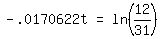 matrix%281%2C3%2C+-+.0170622t%2C+%22=%22%2C+ln+%2812%2F31%29%29