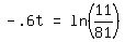 matrix%281%2C3%2C+-+.6t%2C+%22=%22%2C+ln+%2811%2F81%29%29