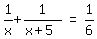 matrix%281%2C3%2C+1%2Fx+%2B+1%2F%28x+%2B+5%29%2C+%22=%22%2C+1%2F6%29
