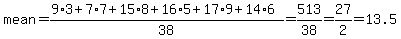mean=%289%2A3%2B7%2A7%2B15%2A8%2B16%2A5%2B17%2A9%2B14%2A6%29%2F38=513%2F38=27%2F2=13.5