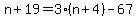 n%2B19=3%28n%2B4%29-67