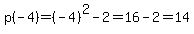 p%28-4%29=%28-4%29%5E2-2=16-2=14