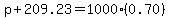 p%2B209.23=1000%2A%280.70%29