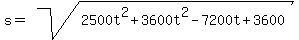 s+=+sqrt%282500t%5E2+%2B+3600t%5E2+-+7200t+%2B+3600%29