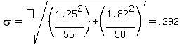 sigma=sqrt%28%281.25%5E2%2F55%29%2B%281.82%5E2%2F58%29%29=.292