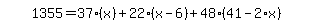 simplify_cartoon%28+1355=37%2A%28x%29%2B22%2A%28x-6%29%2B48%2A%2841-2%2Ax%29+%29