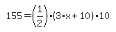 simplify_cartoon%28+155=%281%2F2%29%2A%283%2Ax%2B10%29%2A10+%29