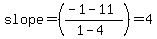 slope+=+%28%28-1-11%29%2F%281-4%29%29+=+4
