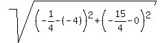 sqrt%28%28-1%2F4-%28-4%29%29%5E2%2B%28-15%2F4-0%29%5E2%29
