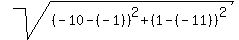 sqrt%28%28-10-%28-1%29%29%5E2+%2B+%281-%28-11%29%29%5E2%29