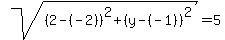 sqrt%28%282-%28-2%29%29%5E2%2B%28y-%28-1%29%29%5E2%29=5