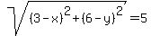 sqrt%28%283-x%29%5E2+%2B+%286-y%29%5E2%29+=+5